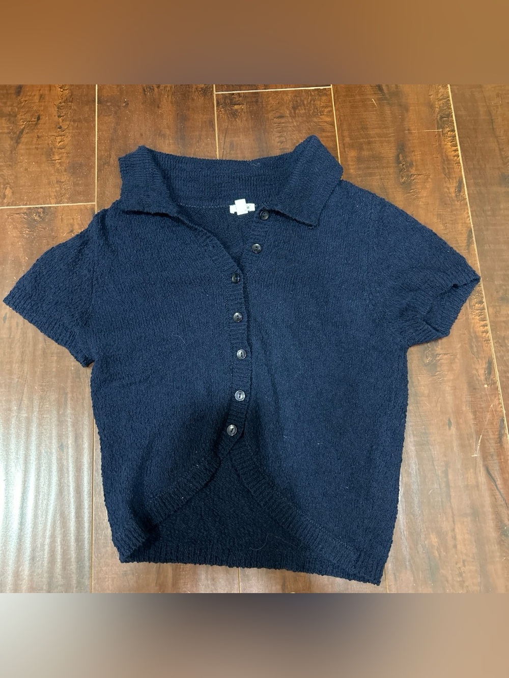 Garage Navy Short-Sleeve Knit Button-Up Sweater